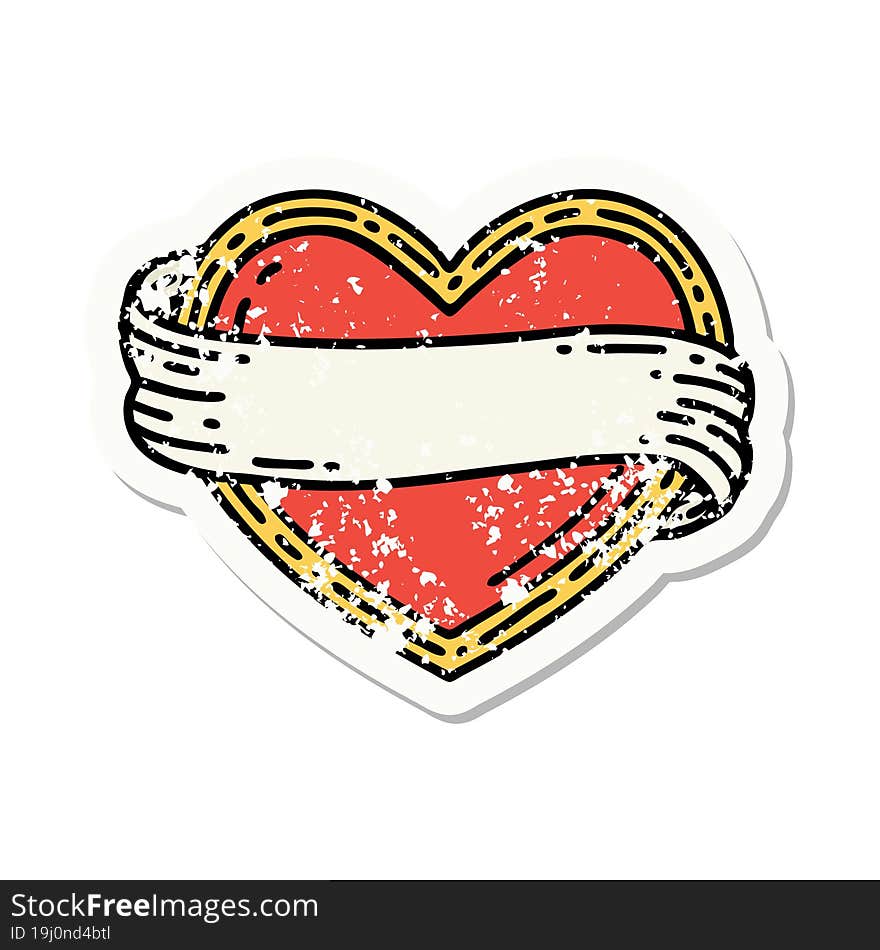 distressed sticker tattoo in traditional style of a heart and banner. distressed sticker tattoo in traditional style of a heart and banner