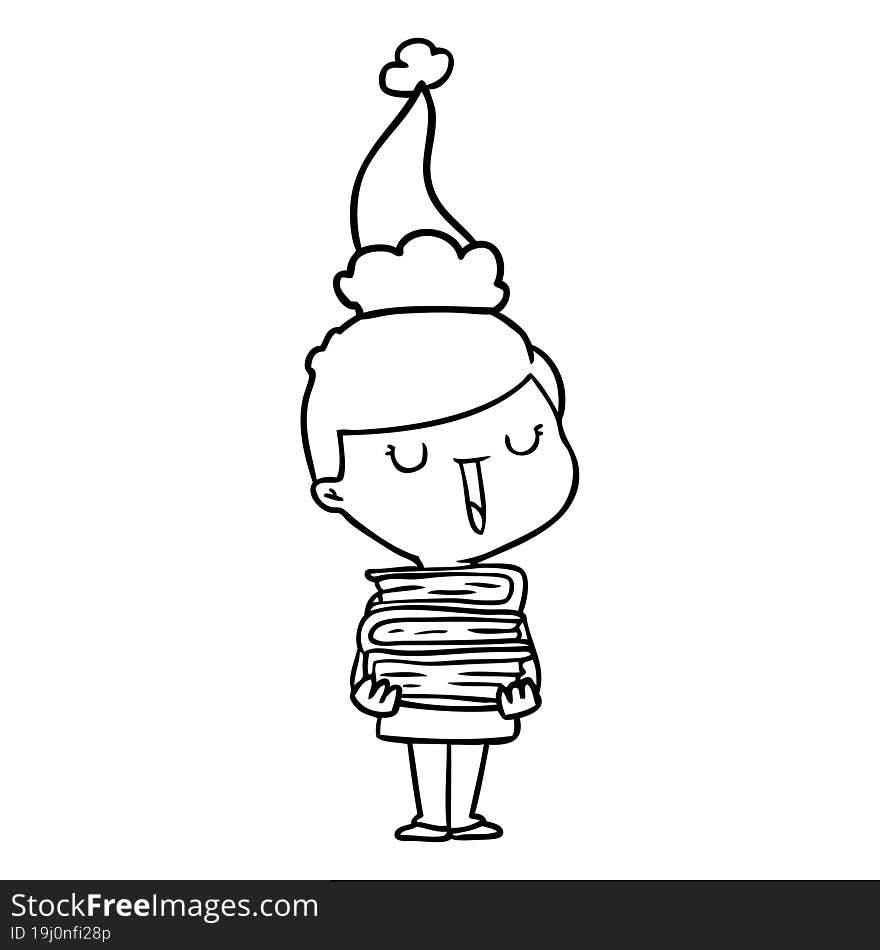 line drawing of a happy boy with stack of books wearing santa hat