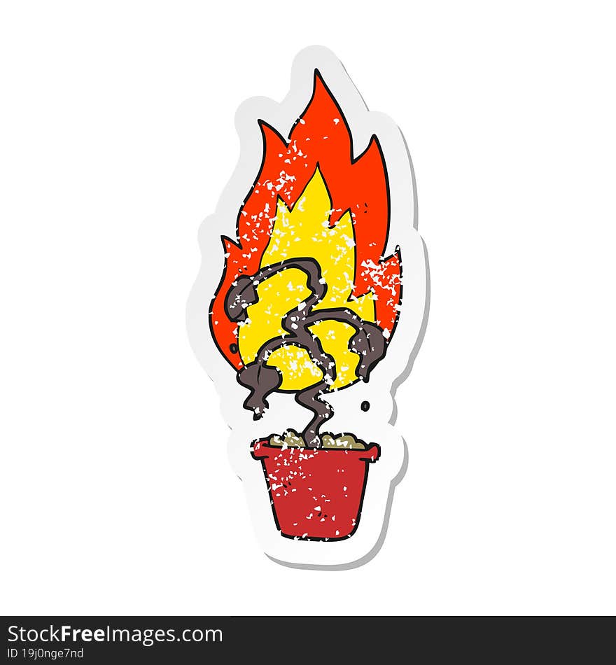 retro distressed sticker of a cartoon burning plant