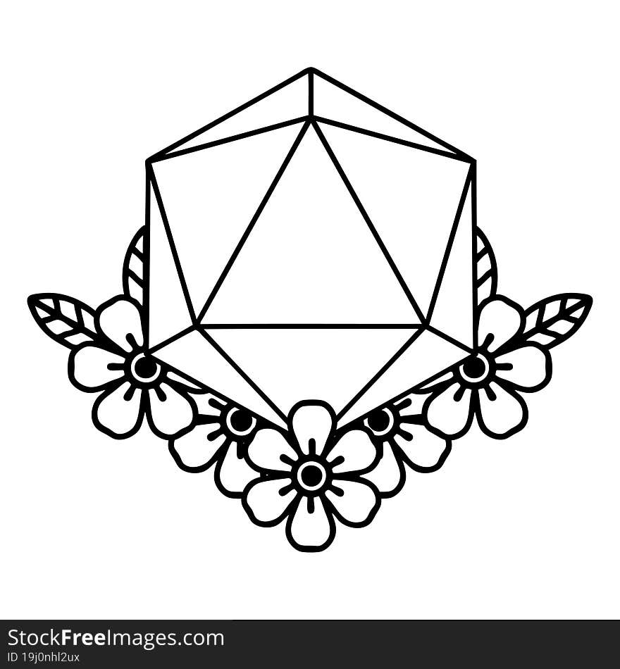 Black and White Tattoo linework Style natural 20 D20 dice roll with floral elements. Black and White Tattoo linework Style natural 20 D20 dice roll with floral elements