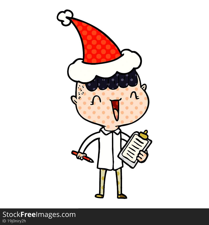 hand drawn comic book style illustration of a happy boy surprised wearing santa hat