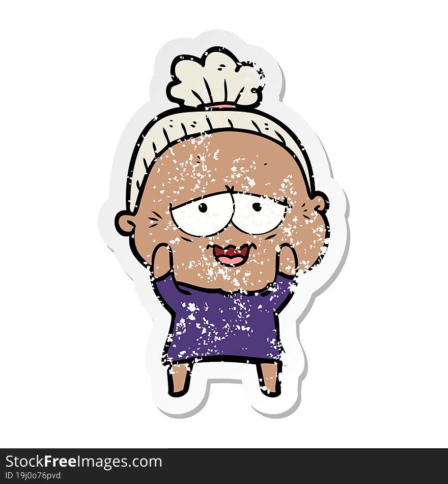 distressed sticker of a cartoon happy old lady