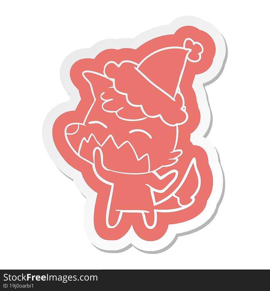 cartoon  sticker of a fox wearing santa hat