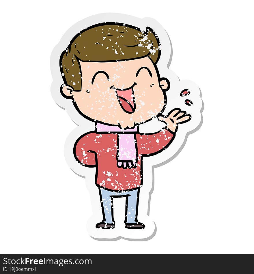 distressed sticker of a cartoon man laughing