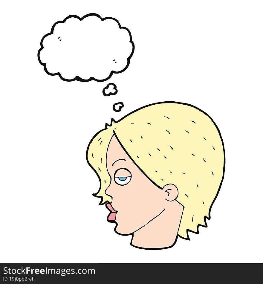 cartoon woman raising eyebrow with thought bubble