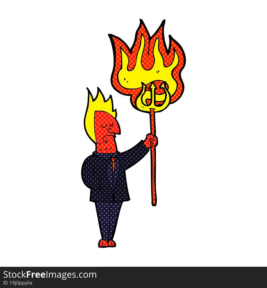 cartoon devil with flaming pitchfork