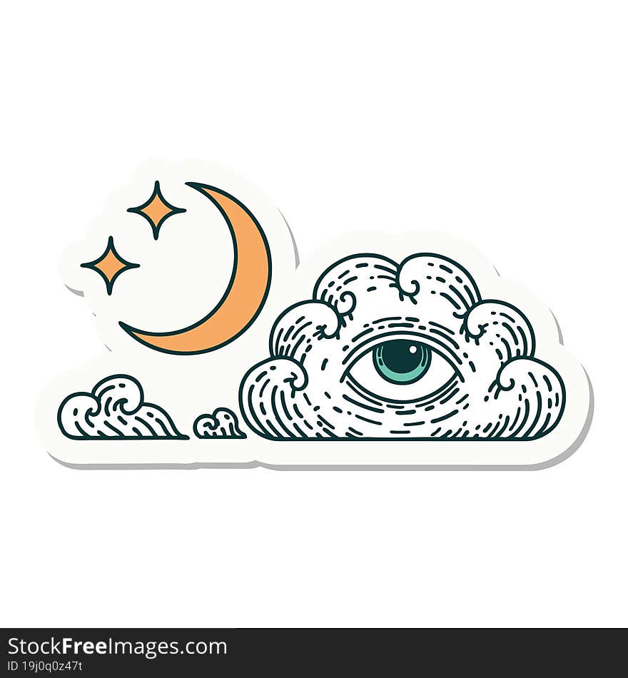 sticker of tattoo in traditional style of moon stars and cloud. sticker of tattoo in traditional style of moon stars and cloud