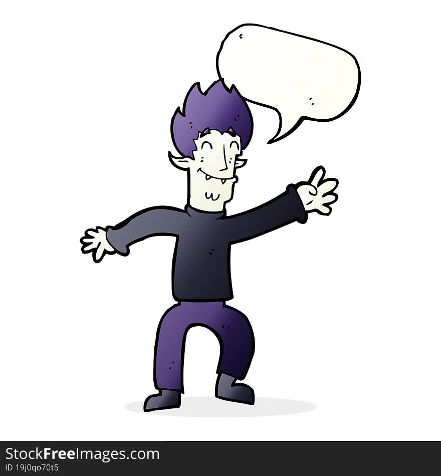 cartoon happy vampire man with speech bubble