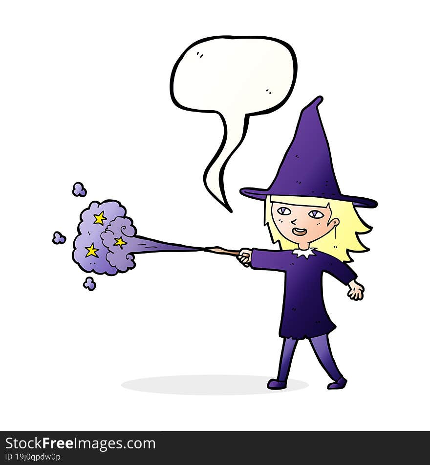 Cartoon Witch Girl Casting Spell With Speech Bubble