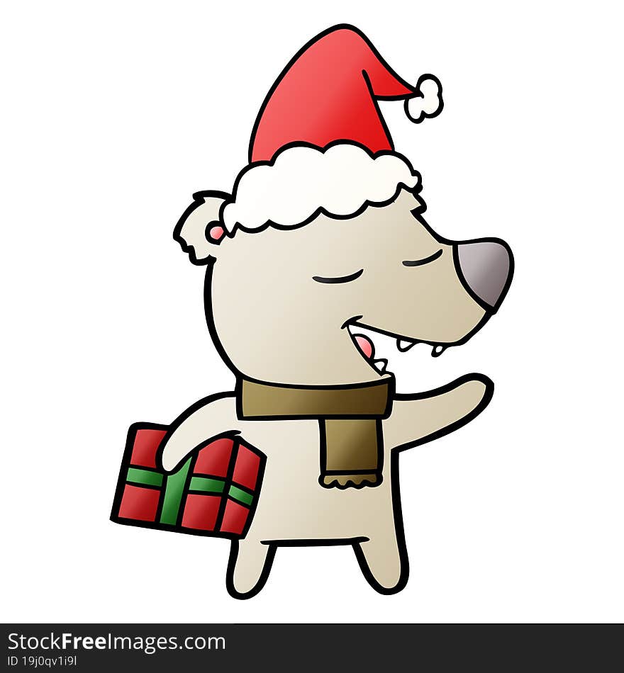 gradient cartoon of a bear with present wearing santa hat