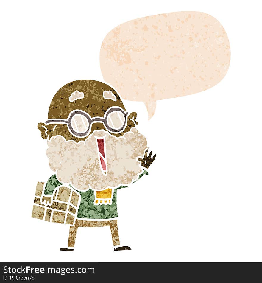 cartoon joyful man with beard and parcel under arm and speech bubble in retro textured style