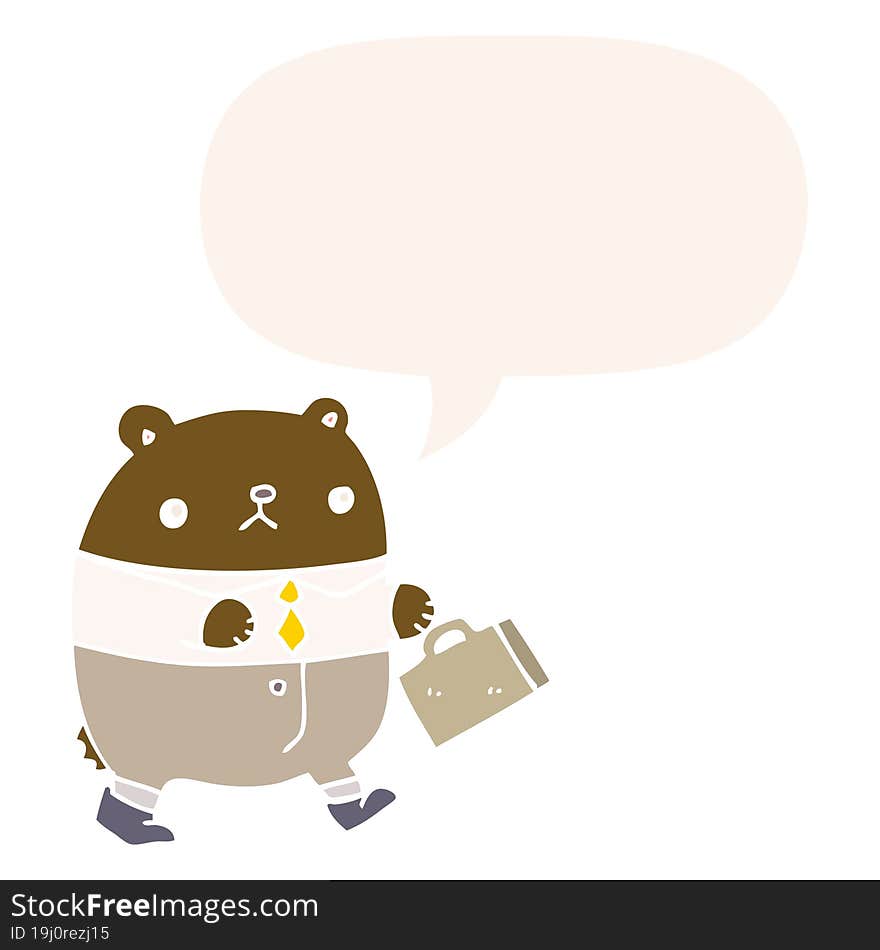 cartoon bear in work clothes and speech bubble in retro style