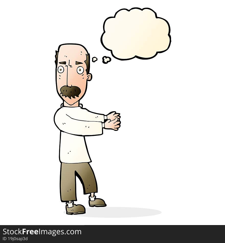 cartoon balding man explaining with thought bubble