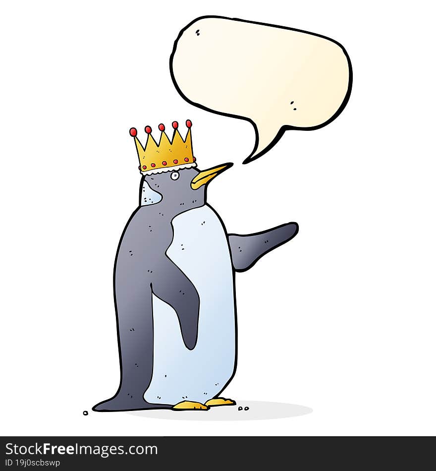 cartoon penguin wearing crown with speech bubble