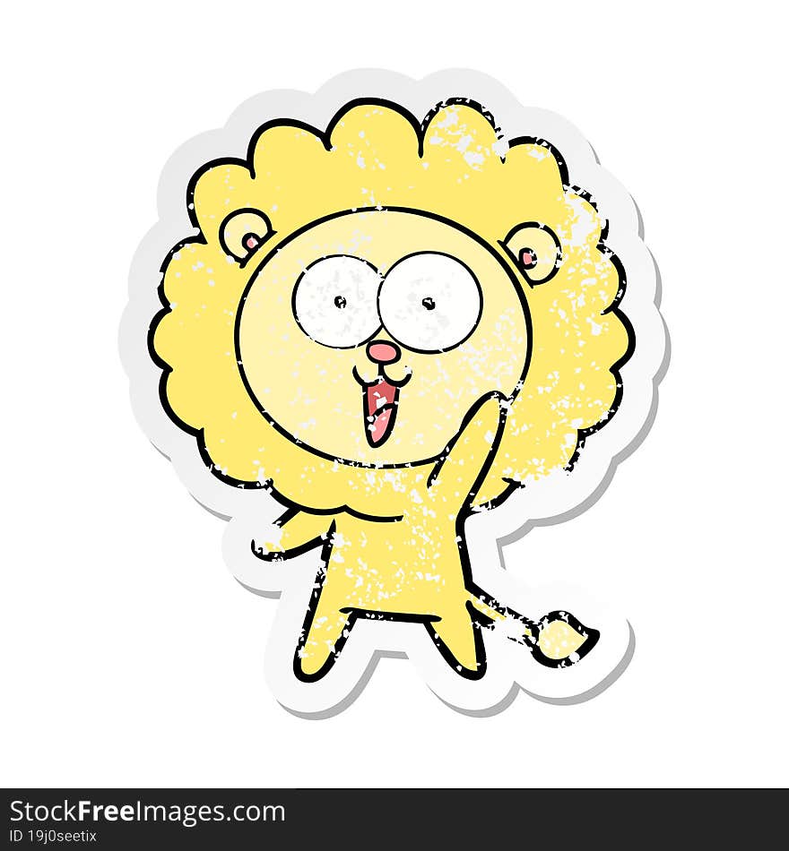 distressed sticker of a happy cartoon lion