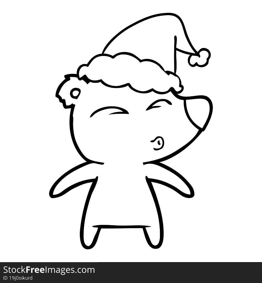 line drawing of a whistling bear wearing santa hat