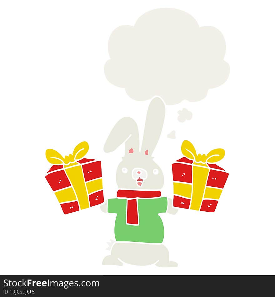 cartoon rabbit with christmas presents with thought bubble in retro style