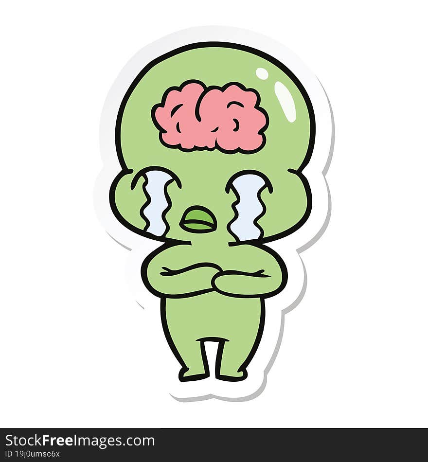 Sticker Of A Cartoon Big Brain Alien Crying