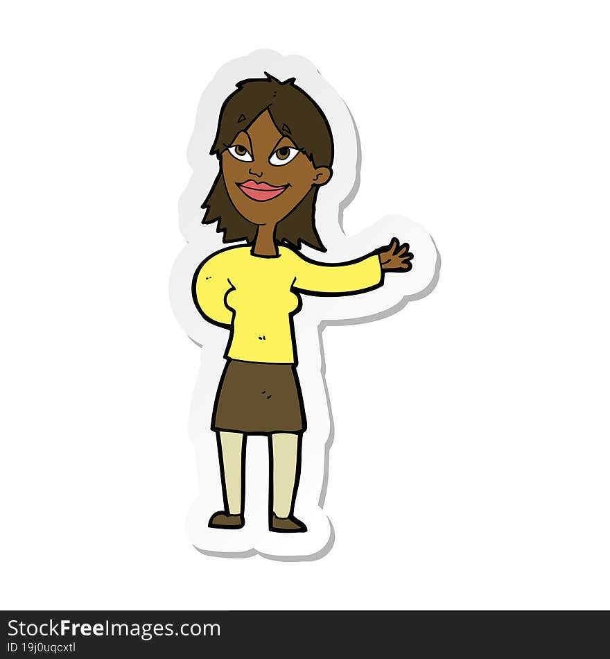 sticker of a cartoon woman gesturing to show something