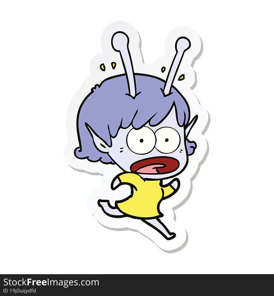 sticker of a cartoon shocked alien girl