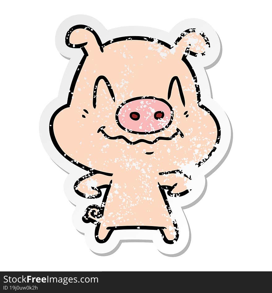 Distressed Sticker Of A Nervous Cartoon Pig