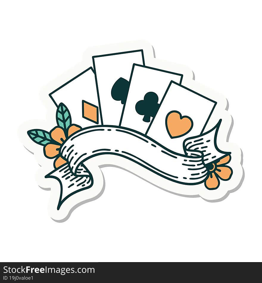 tattoo style sticker of cards and banner