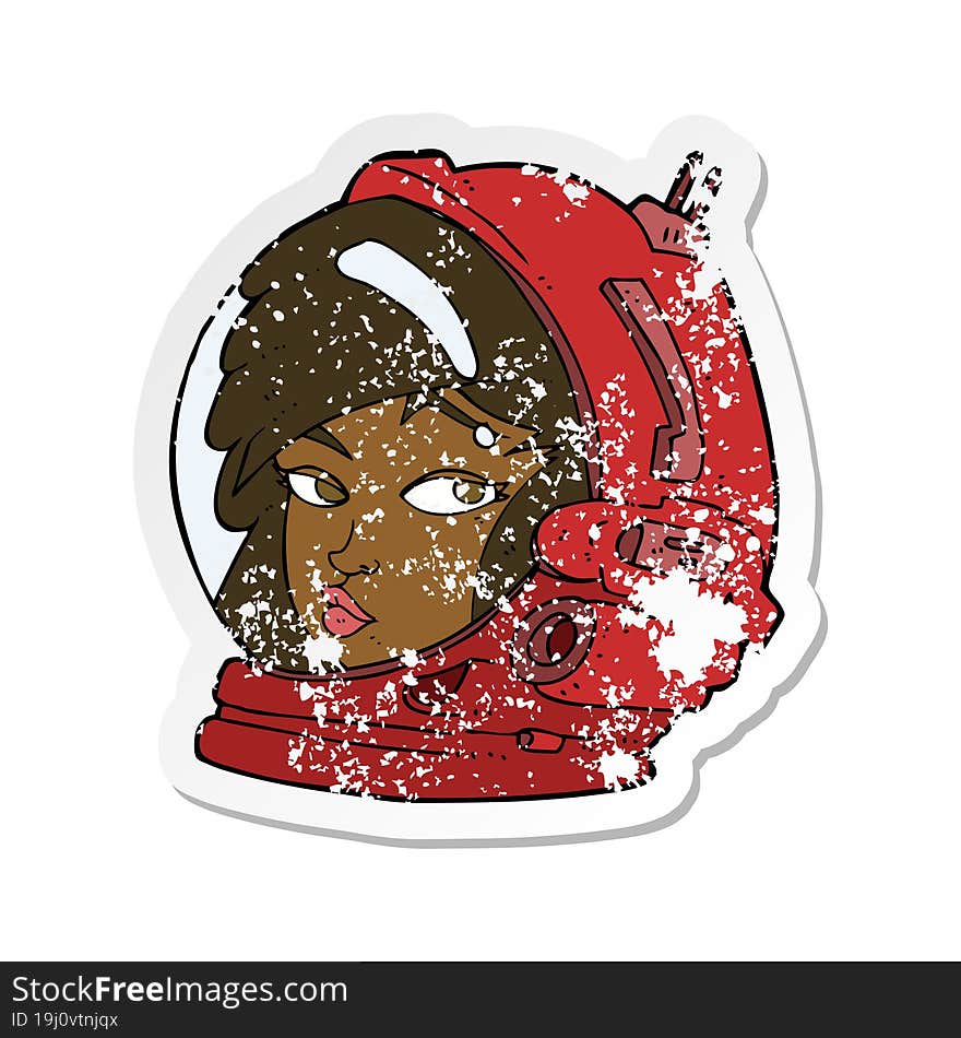 retro distressed sticker of a cartoon female astronaut