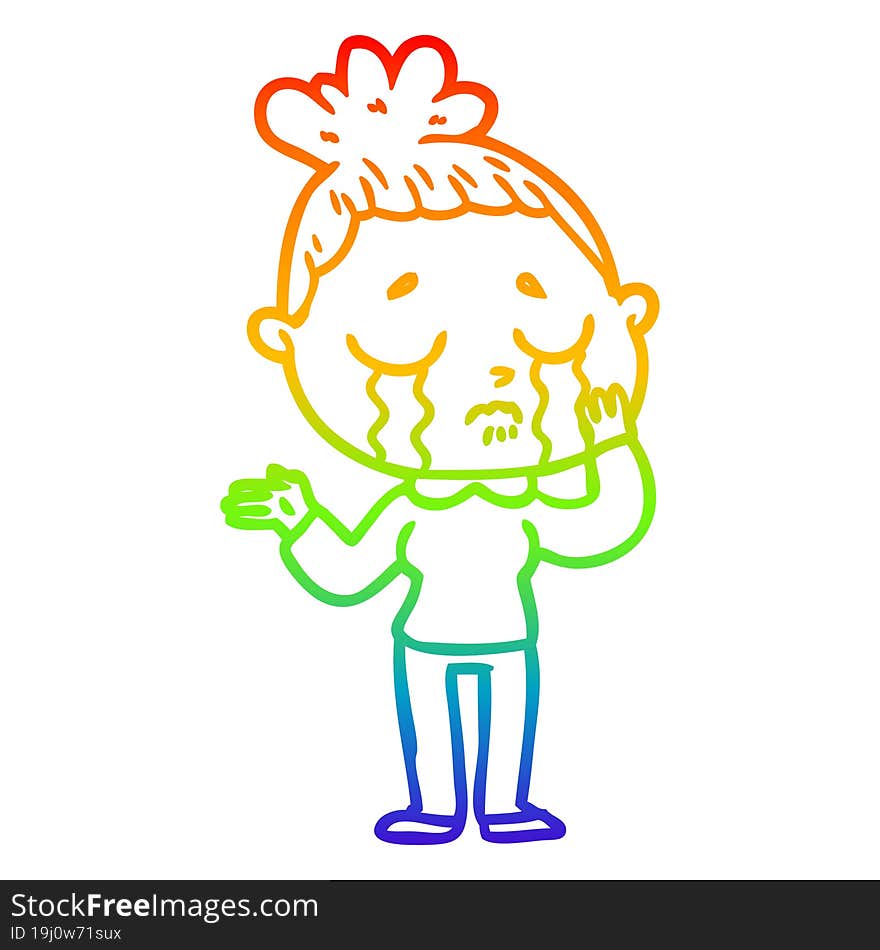 rainbow gradient line drawing of a cartoon crying woman