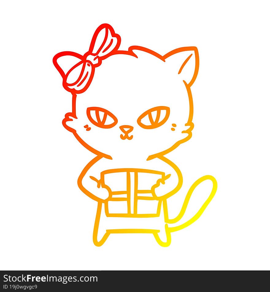 warm gradient line drawing of a cute cartoon cat with present