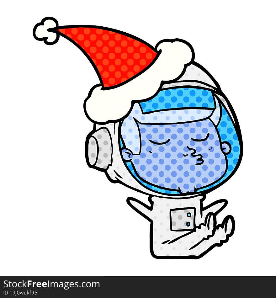 comic book style illustration of a confident astronaut wearing santa hat