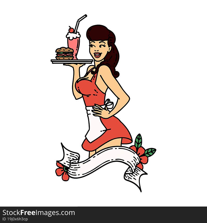 Traditional Tattoo Of A Pinup Waitress Girl With Banner