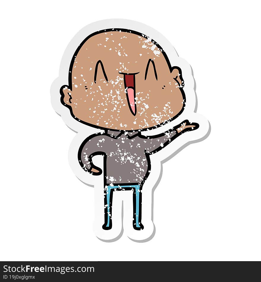 distressed sticker of a happy cartoon bald man