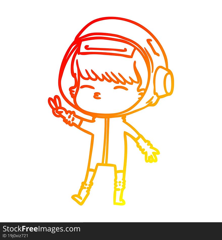 warm gradient line drawing cartoon spacegirl making peace sign