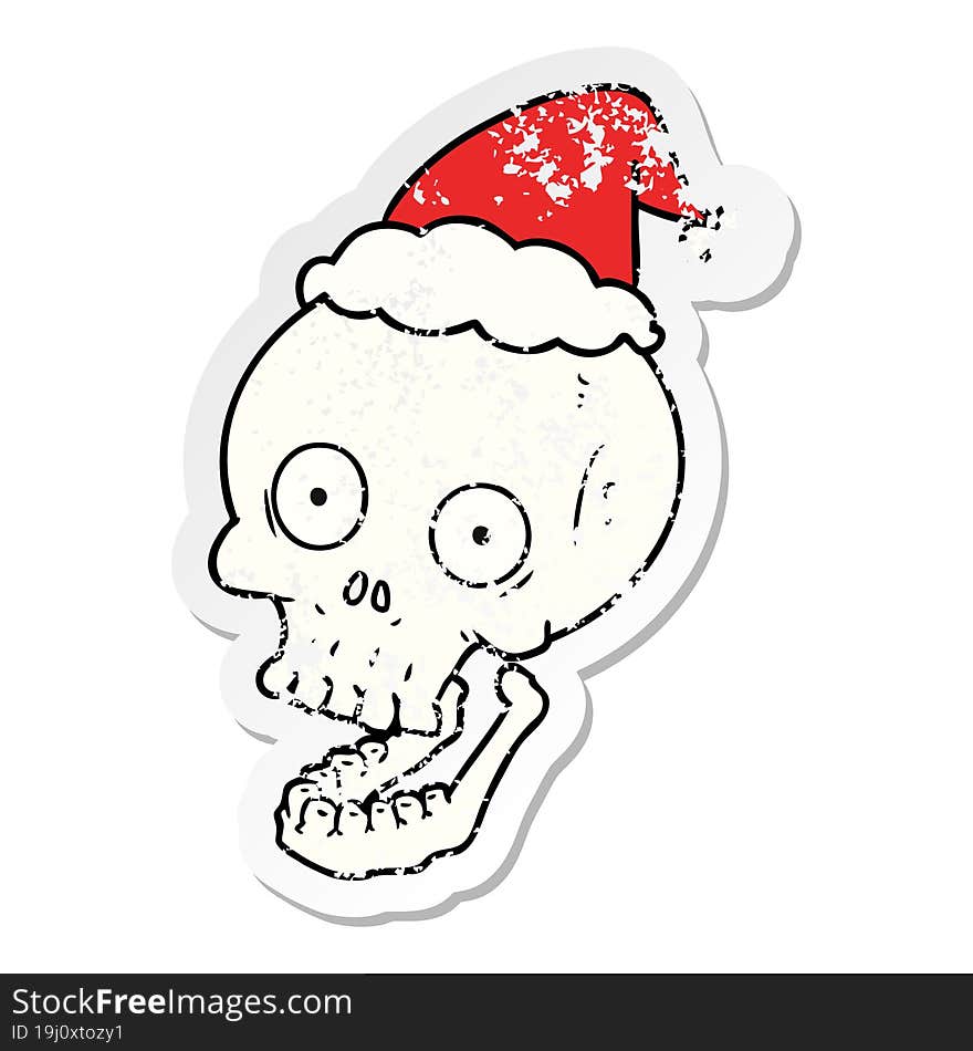 distressed sticker cartoon of a skull wearing santa hat