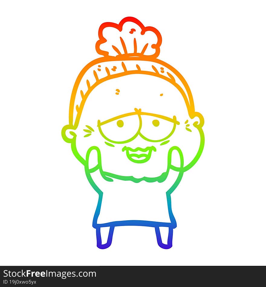 rainbow gradient line drawing of a cartoon happy old lady