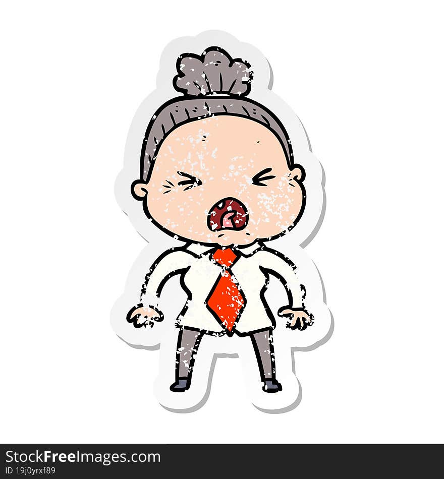 Distressed Sticker Of A Cartoon Angry Old Woman