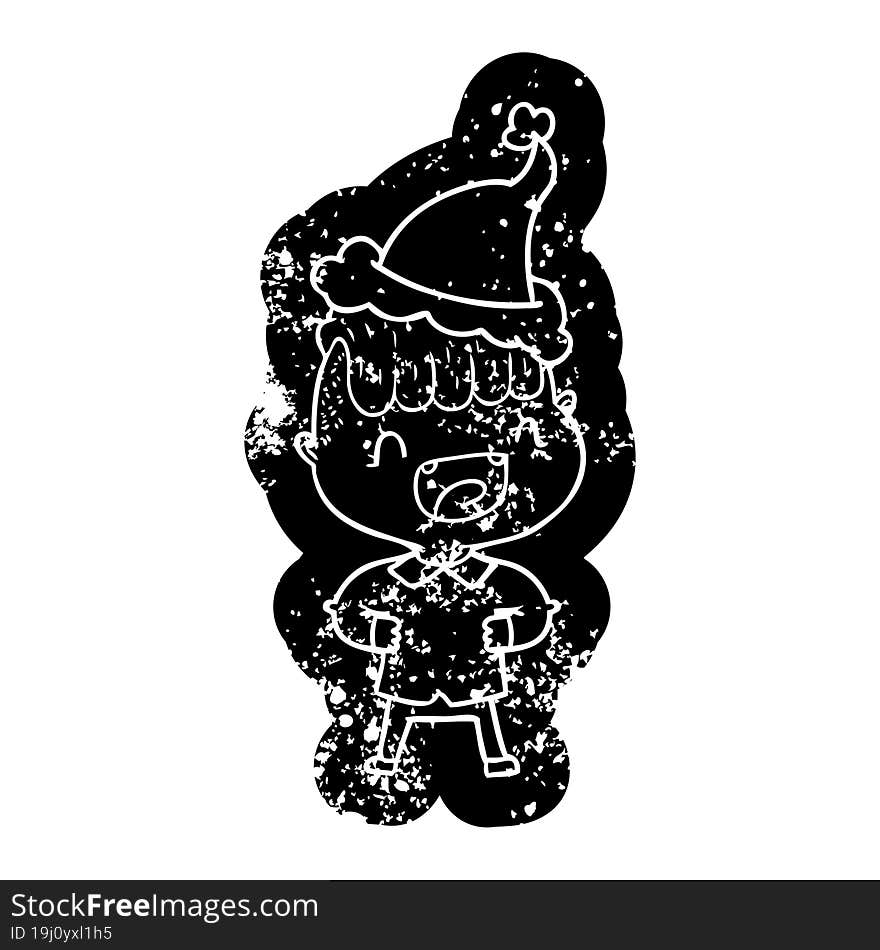 quirky cartoon distressed icon of a happy boy laughing wearing santa hat