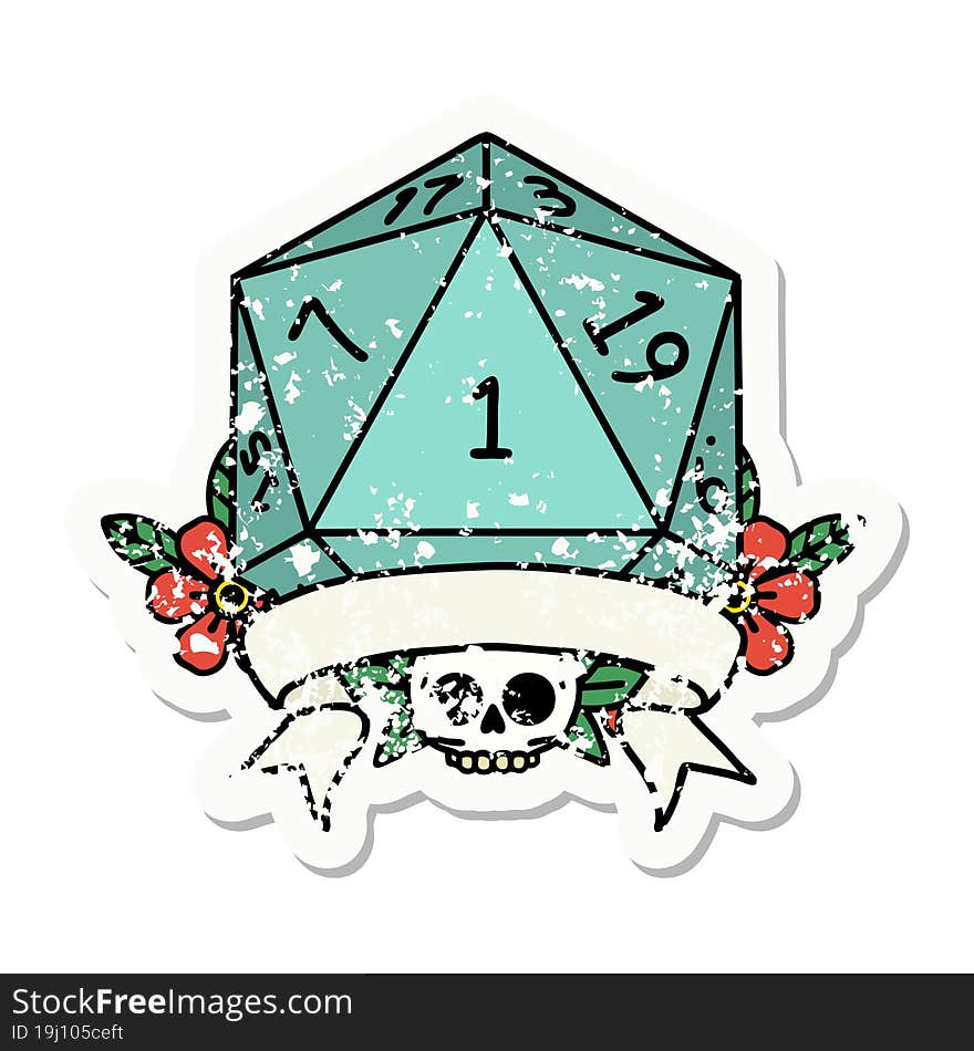 grunge sticker of a natural one d20 dice roll. grunge sticker of a natural one d20 dice roll