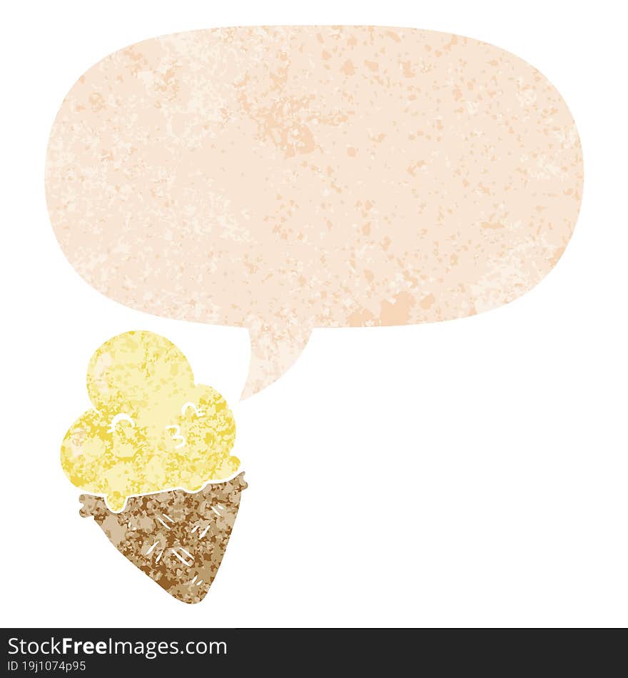 cartoon ice cream with speech bubble in grunge distressed retro textured style. cartoon ice cream with speech bubble in grunge distressed retro textured style