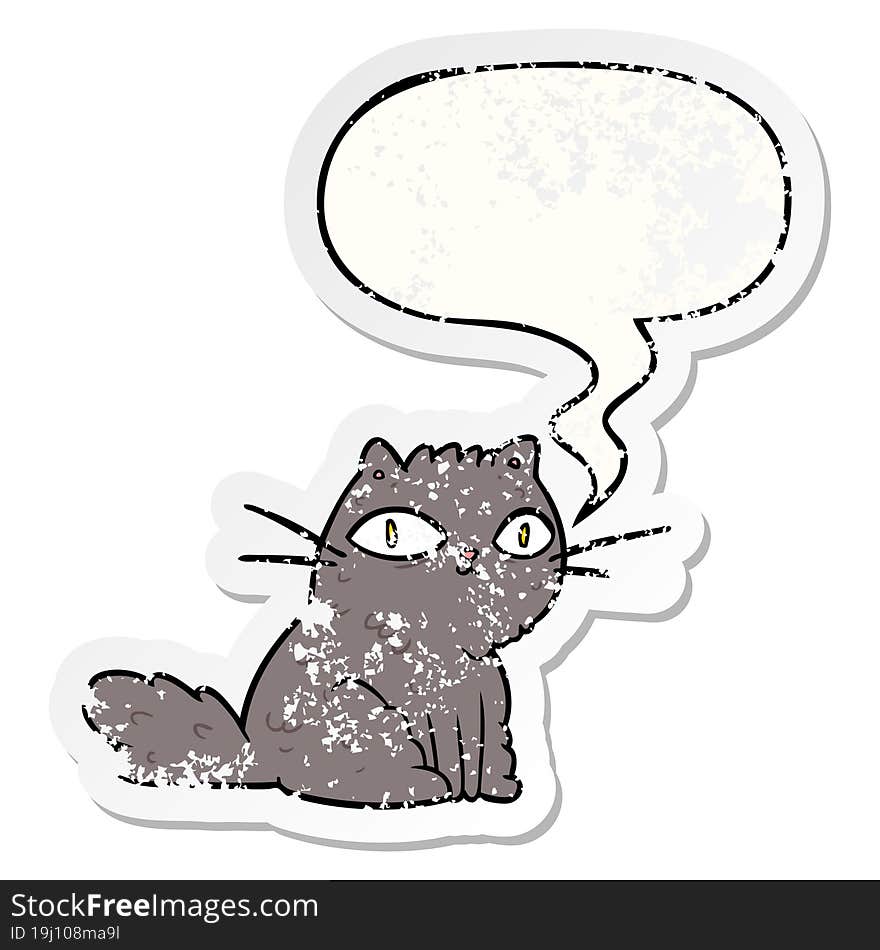 cartoon cat looking right at you with speech bubble distressed distressed old sticker. cartoon cat looking right at you with speech bubble distressed distressed old sticker