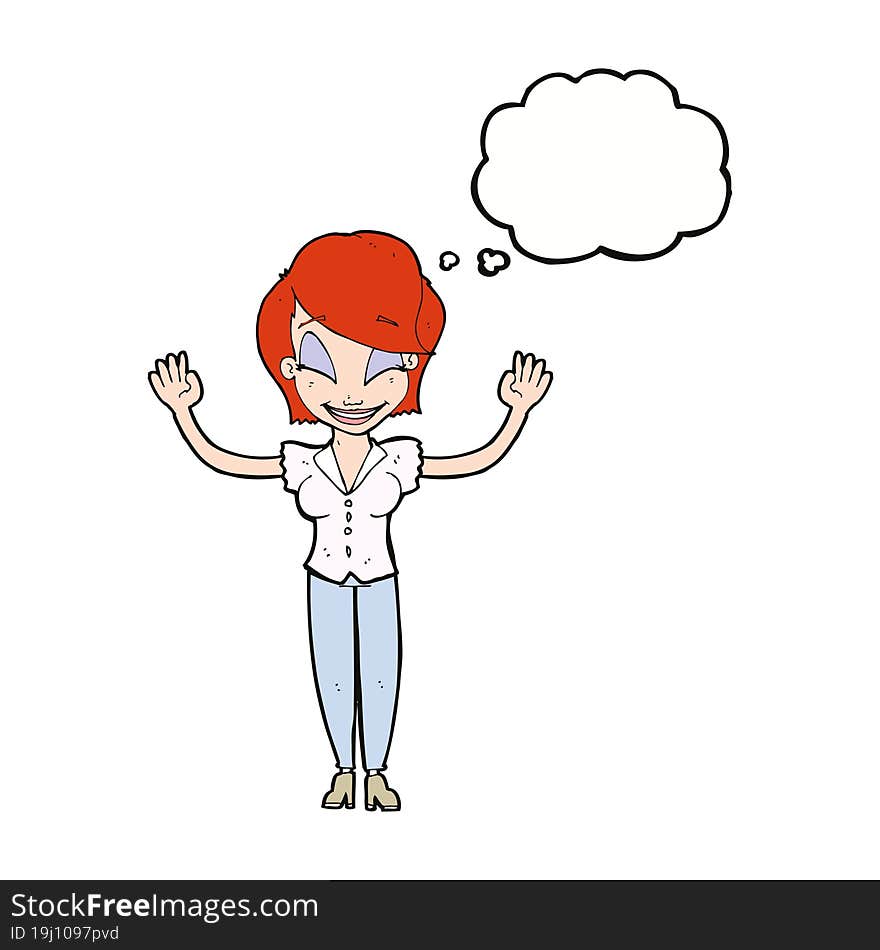 cartoon pretty woman with hands in air with thought bubble