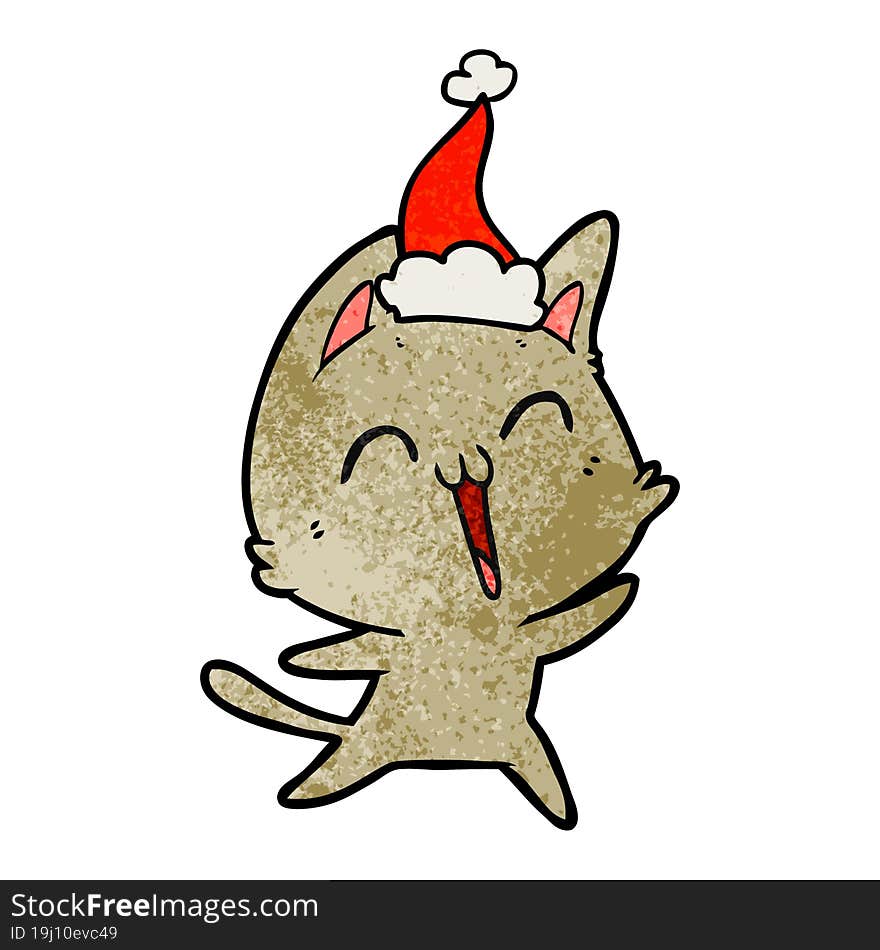 happy textured cartoon of a cat wearing santa hat