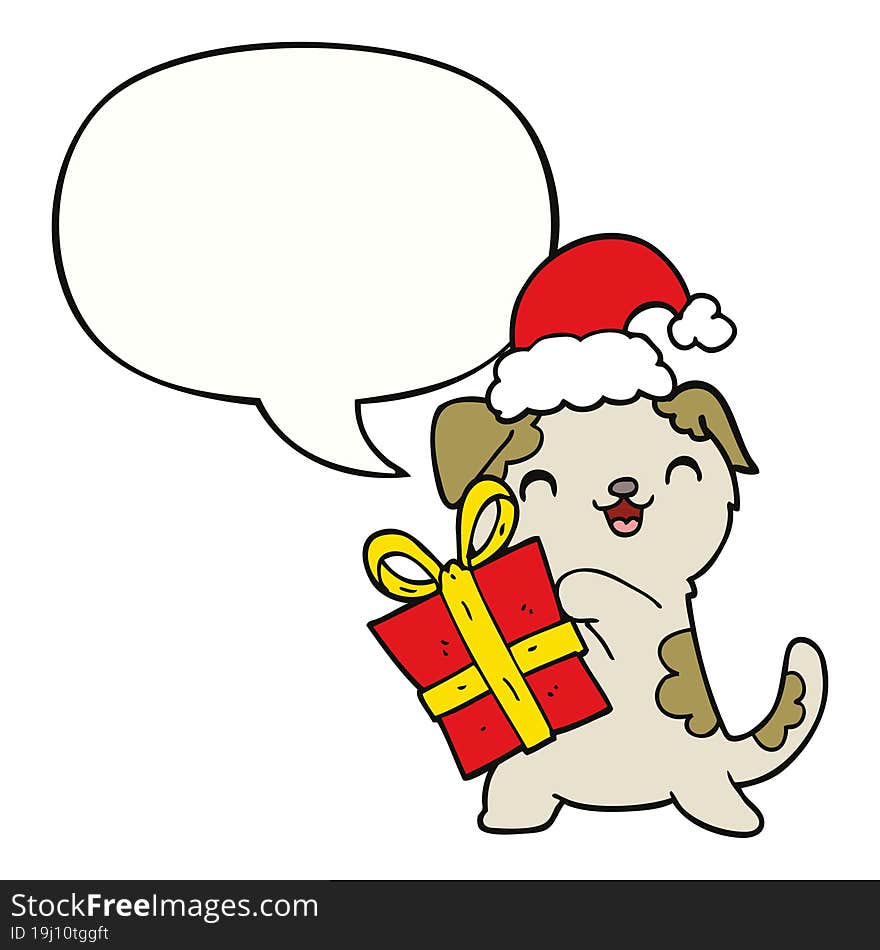 cute cartoon puppy with christmas present and hat with speech bubble. cute cartoon puppy with christmas present and hat with speech bubble