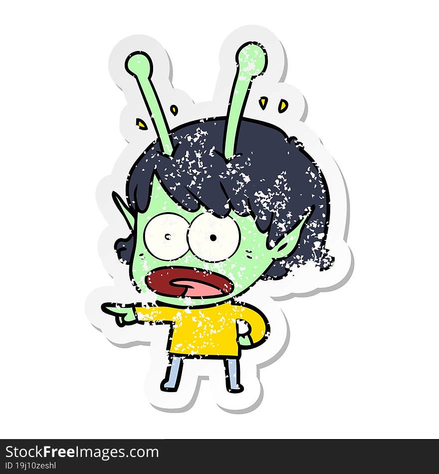 distressed sticker of a cartoon shocked alien girl