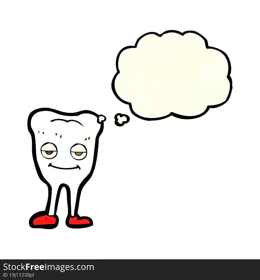 cartoon happy tooth with thought bubble