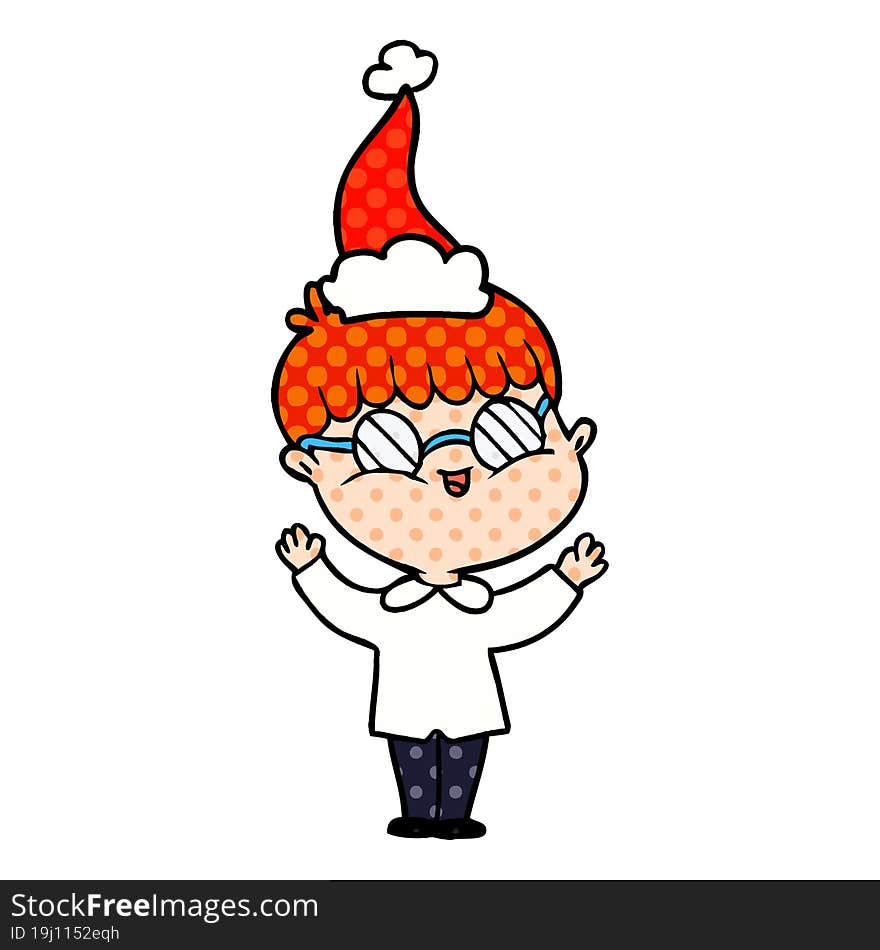 Comic Book Style Illustration Of A Boy Wearing Spectacles Wearing Santa Hat