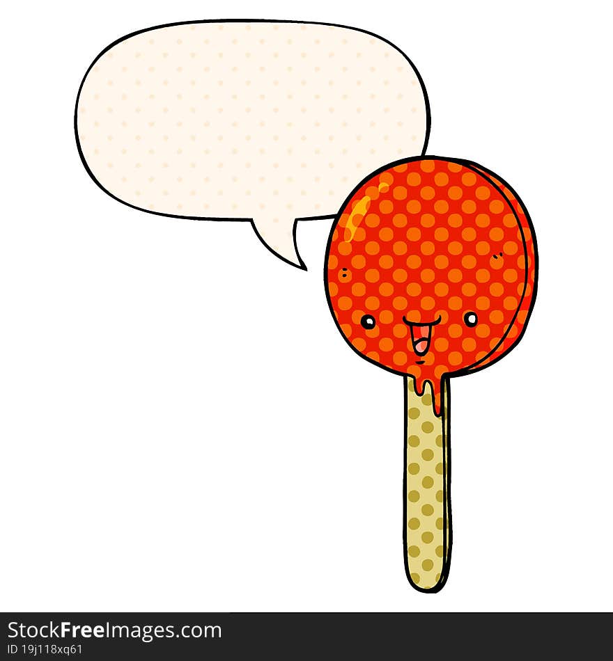 cartoon candy lollipop with speech bubble in comic book style