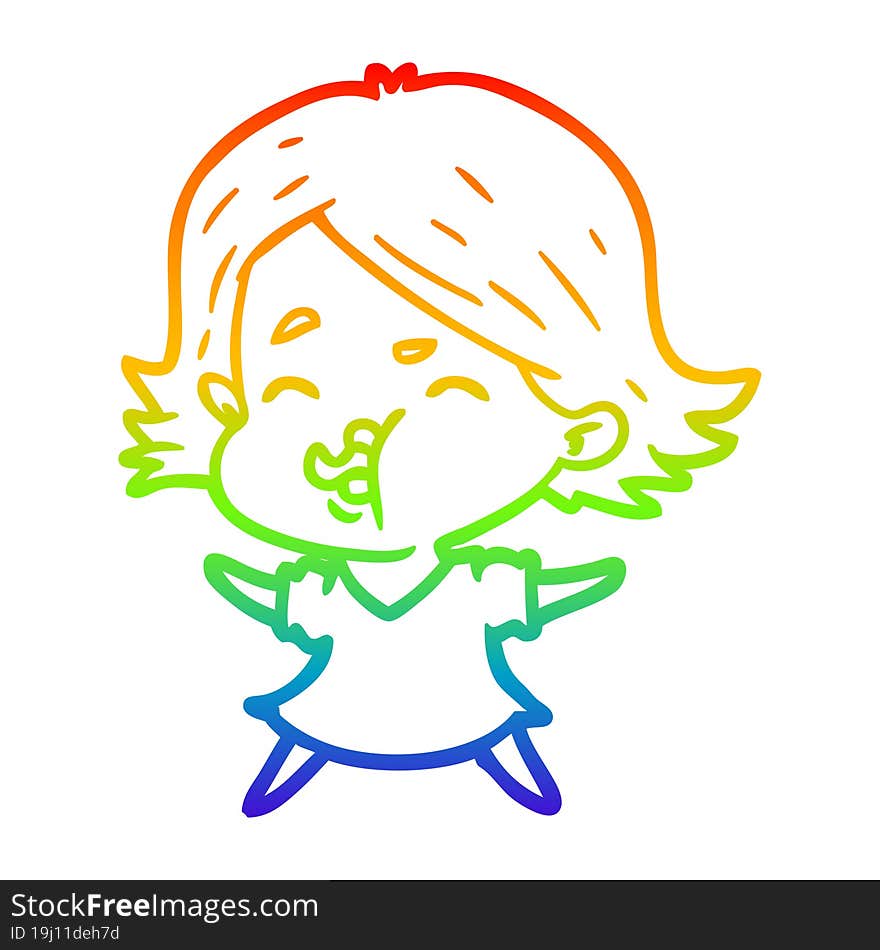 Rainbow Gradient Line Drawing Cartoon Girl Pulling Face