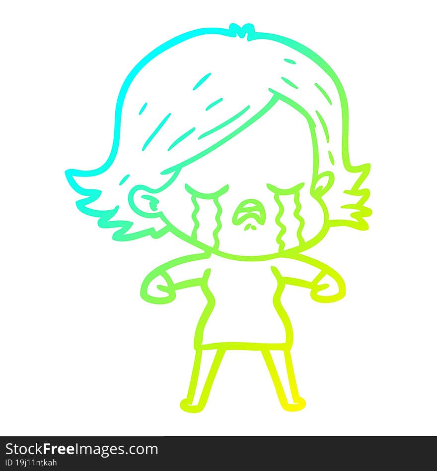 cold gradient line drawing of a cartoon girl crying