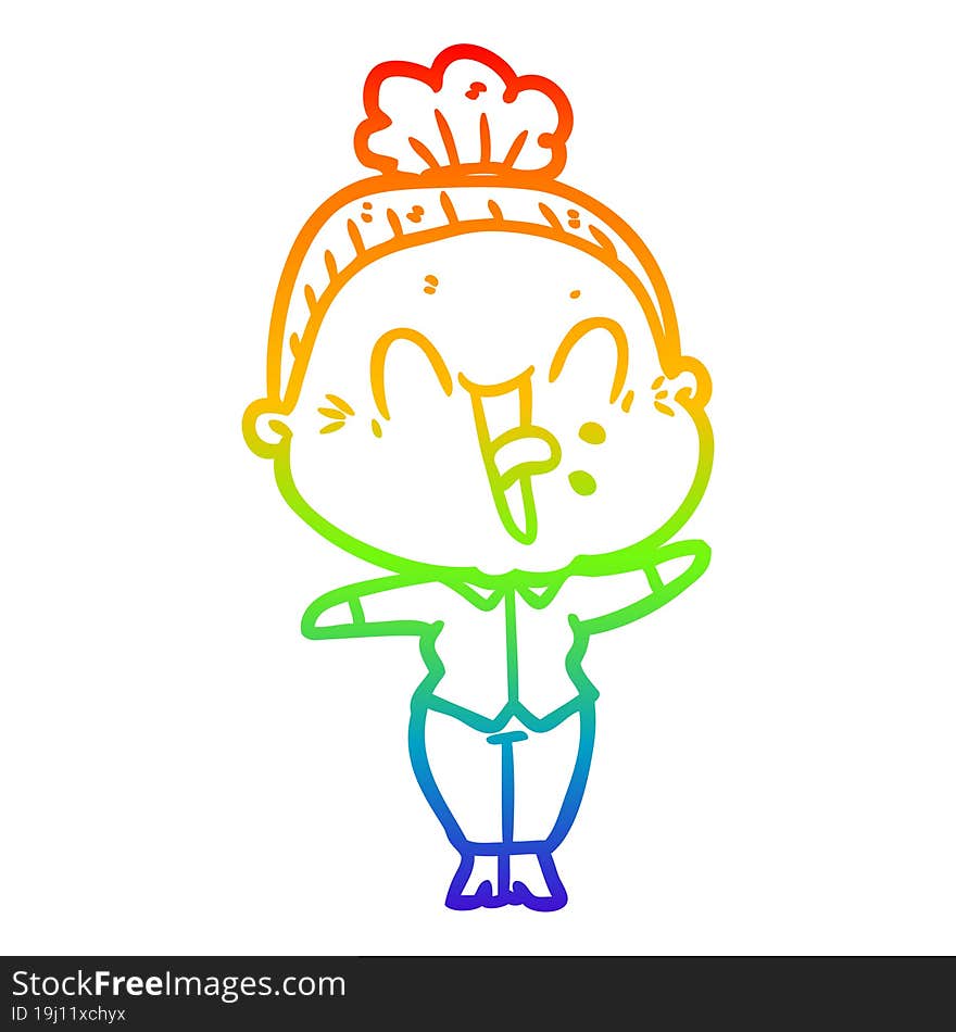 rainbow gradient line drawing of a cartoon happy old woman